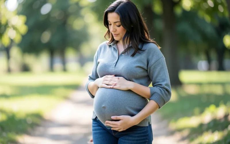 a pregnant woman walking while touching or holding her abdomen