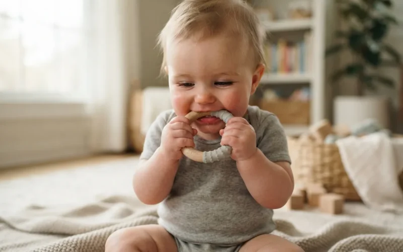 a baby chewing on a teething ring