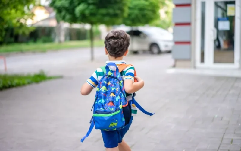 Back view of a child with a colorful dinosaur backpack walking on a sidewalk in a suburban area.