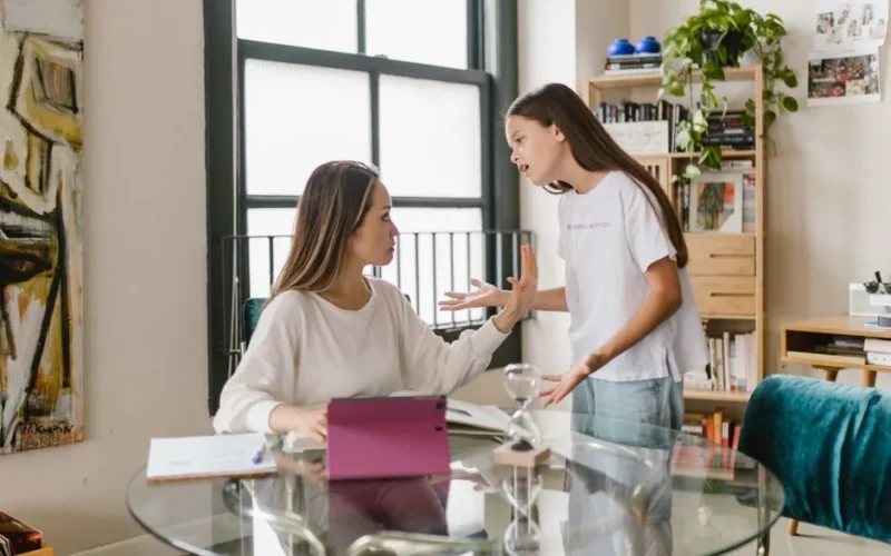 A mother and daughter having a disagreement in a home office setting, symbolizing work-life balance challenges.