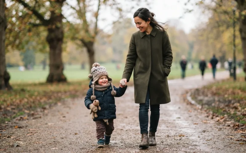 a parent gently walking with a bundled-up child outdoors