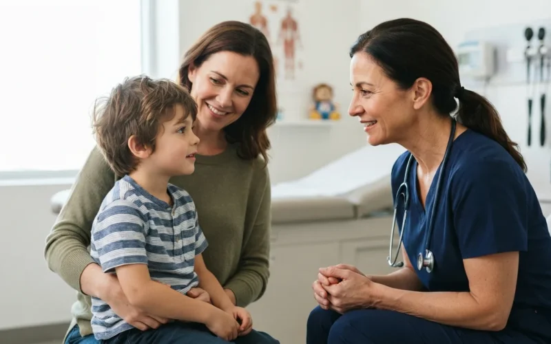 a parent and child talking to a doctor