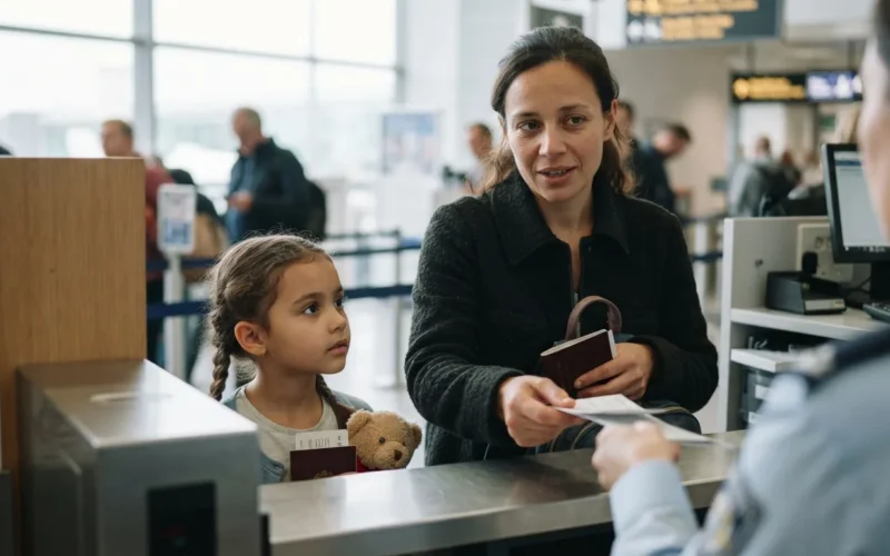 a child with an adult at a border control checkpoint