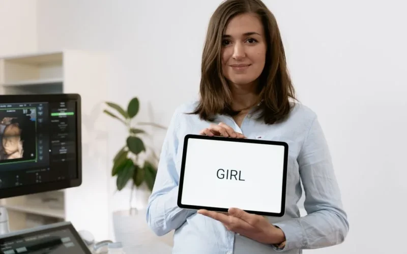 Smiling pregnant woman in clinic holding tablet with 'GIRL' text beside ultrasound machine.
