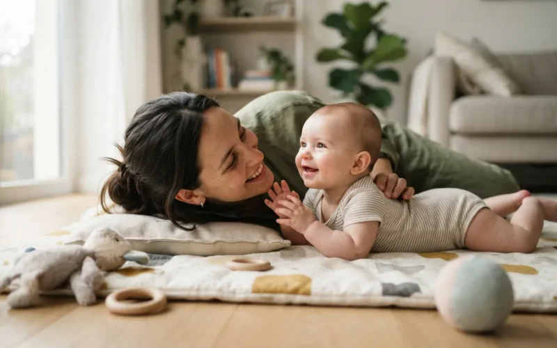 a parent with a baby lying on a play mat