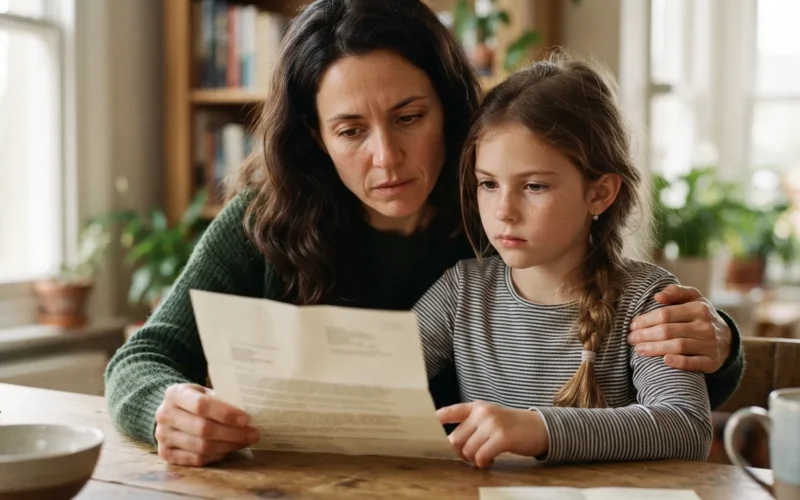 a parent and child looking at a letter from an official institution