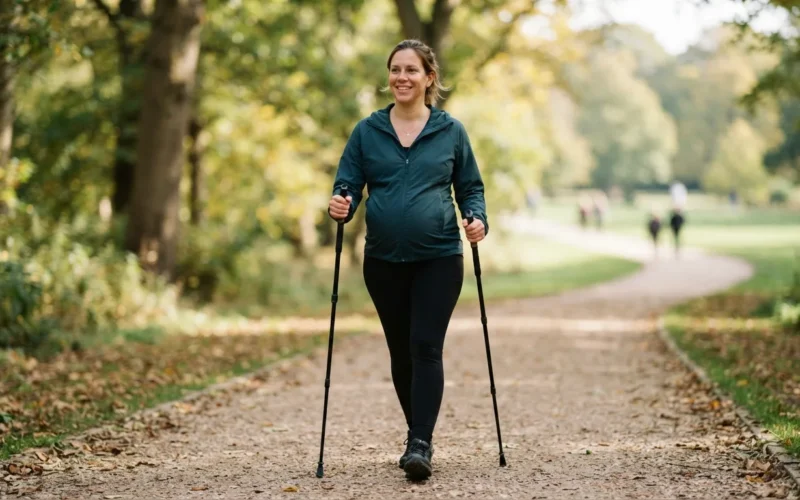 a pregnant woman walking outdoors with Nordic walking poles