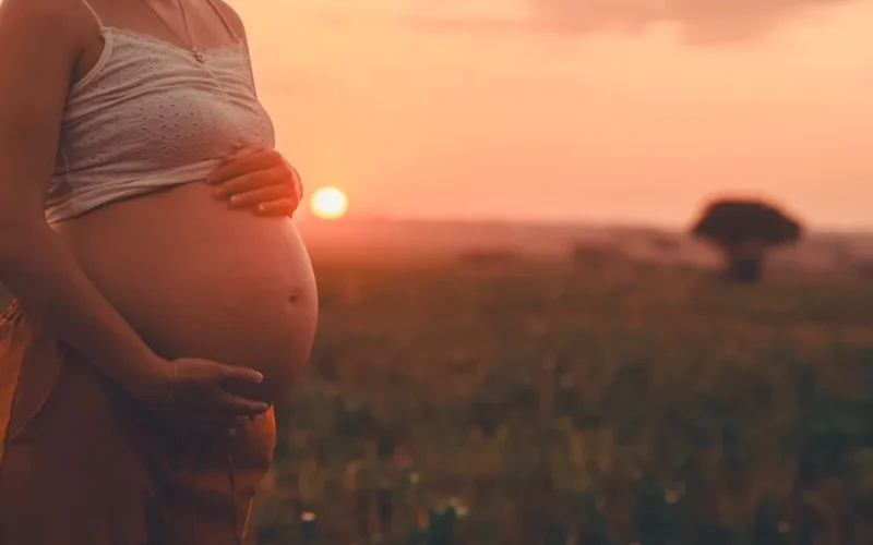 A peaceful image of a pregnant woman at sunset, symbolizing motherhood and serenity.