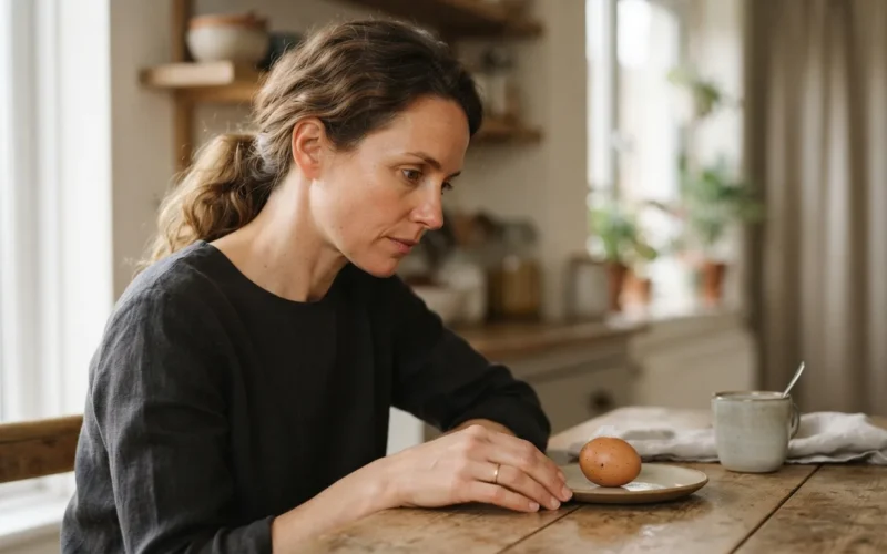 a woman looking thoughtfully at an egg on a table