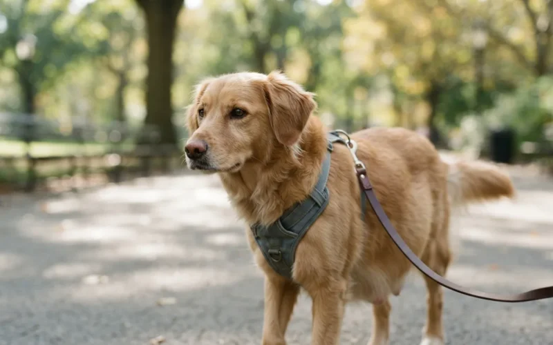a pregnant dog walking on a leash outdoors