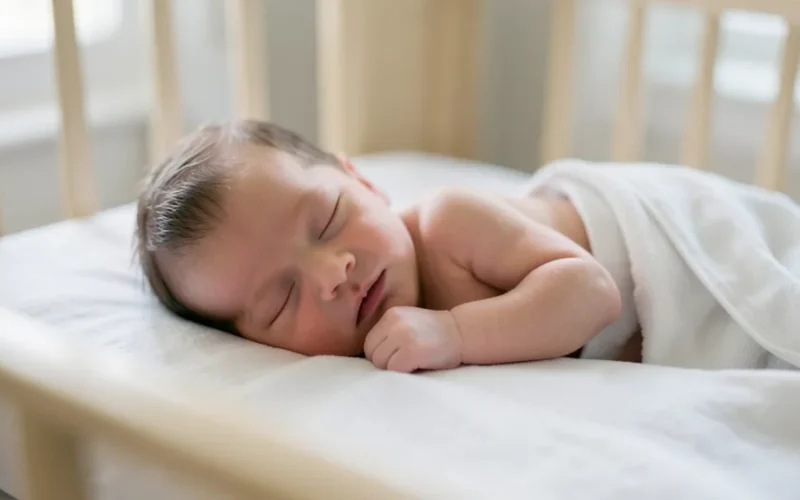 a newborn baby sleeping safely in a crib or on a flat surface