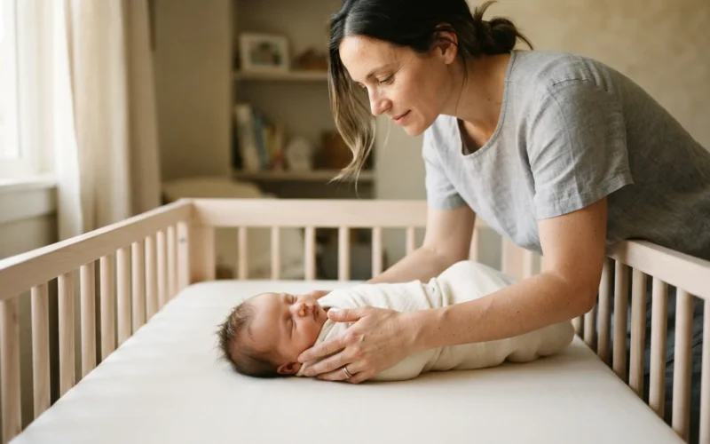 a parent gently placing a baby on a safe sleep surface