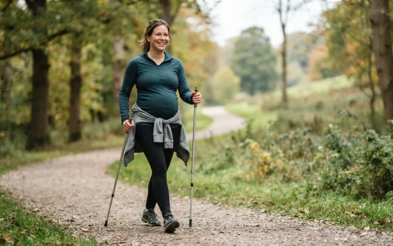 a pregnant woman walking outdoors with Nordic walking poles
