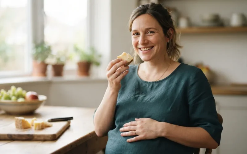 a pregnant woman holding a piece of cheese