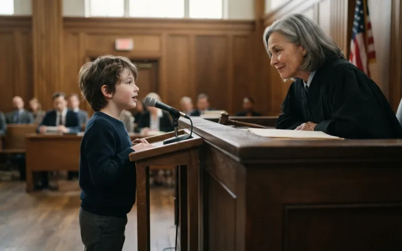 a child talking to a judge in a courtroom