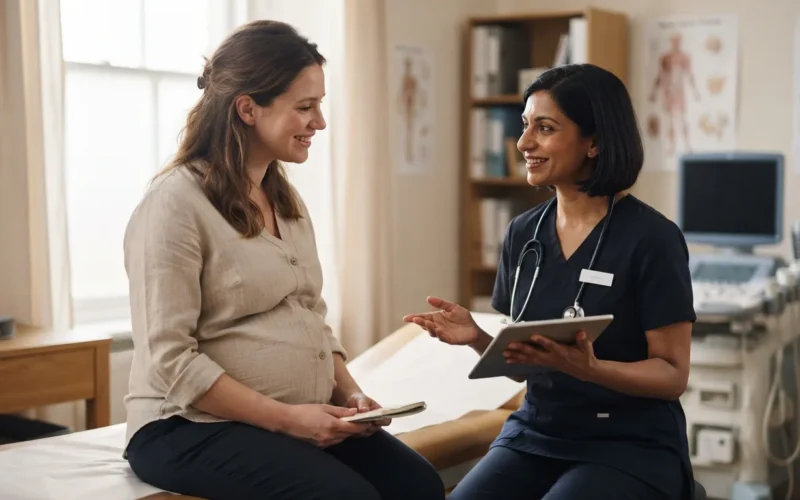 a pregnant woman with a doctor in a medical office