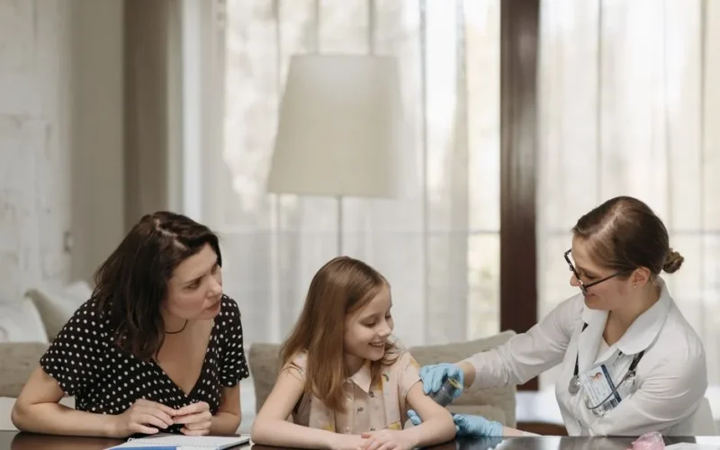 A child sits with her mother during a doctor consultation indoors. Both are smiling.