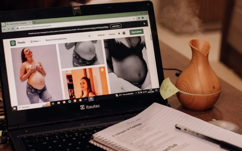 A laptop displays pregnancy images online beside a notepad and vase on a desk, emphasizing health and lifestyle.