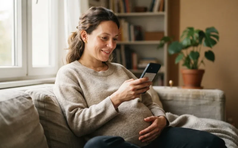 a pregnant woman holding a calendar or smartphone