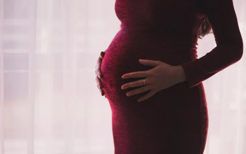 Silhouette of a pregnant woman gently holding her belly, emphasizing motherhood and anticipation.