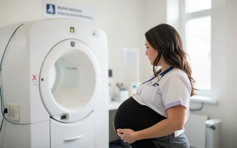 a pregnant woman near medical X-ray equipment or radiology sign