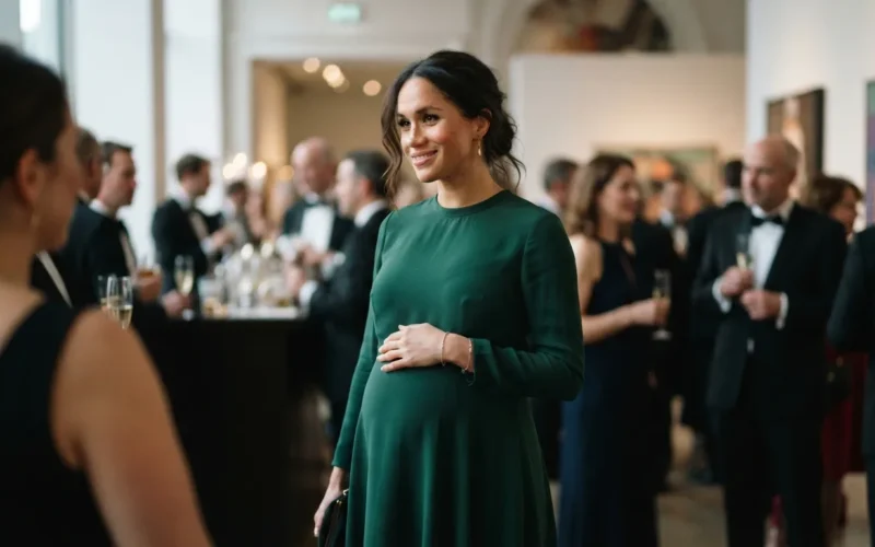 a pregnant woman in an elegant dress at a formal event