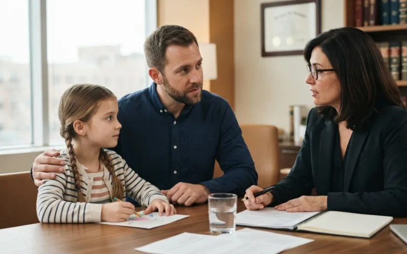 a father and child talking with a lawyer in an office