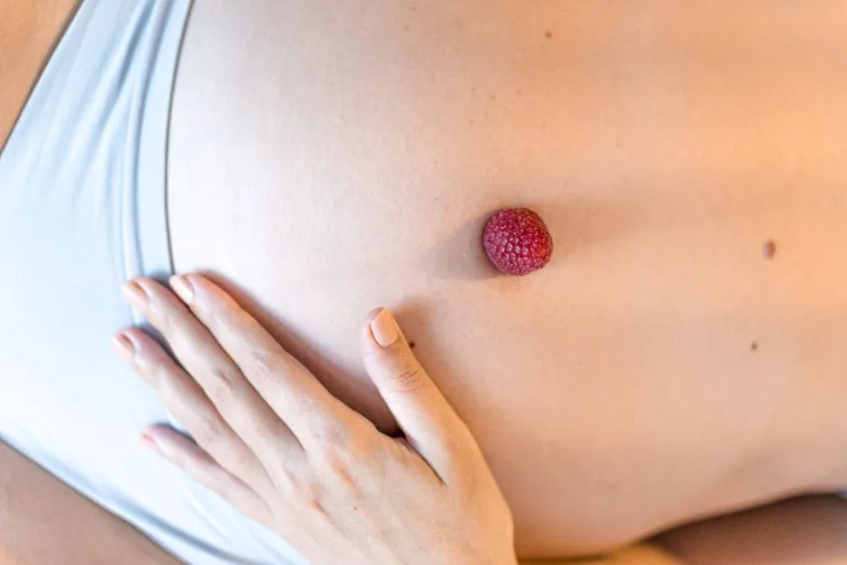 Overhead view of crop anonymous expectant female in bikini stroking tummy with sweet raspberry on navel