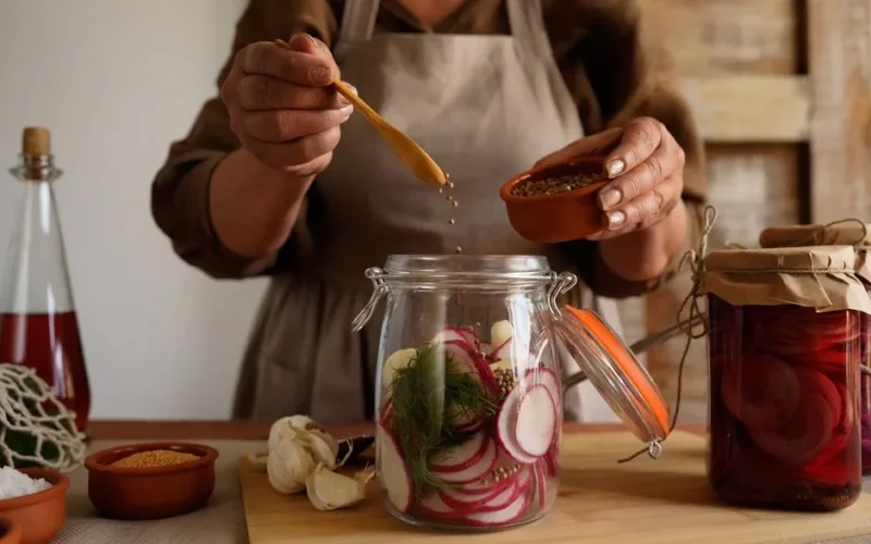 Hands preparing pickled vegetables in a jar, capturing a rustic and organic lifestyle.