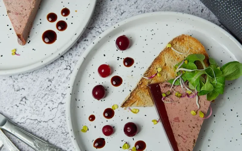 Gourmet pâté elegantly plated on toast with fresh greens and vibrant sauce drops.