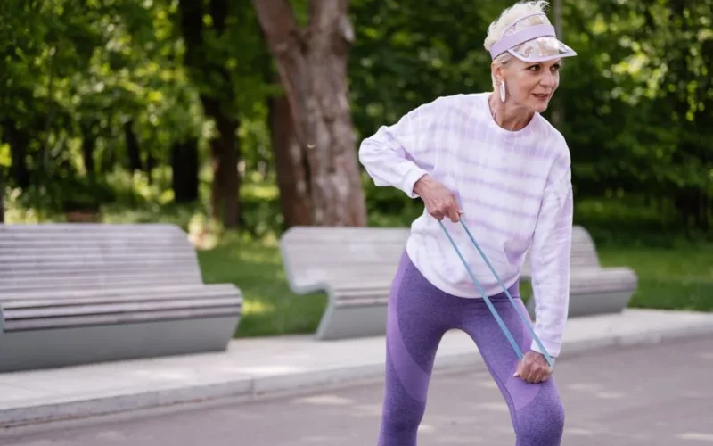 Senior woman performing outdoor exercise with a resistance band in a park setting.