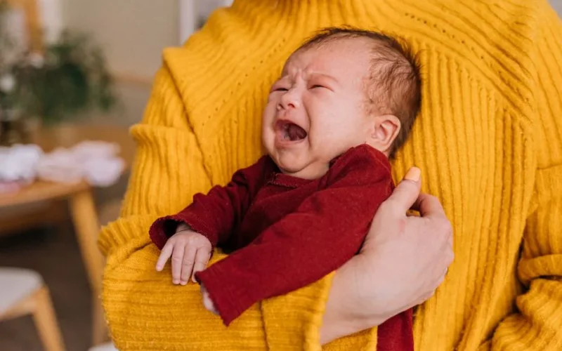 Emotional portrait of a crying newborn being comforted in caregiver's arms indoors.