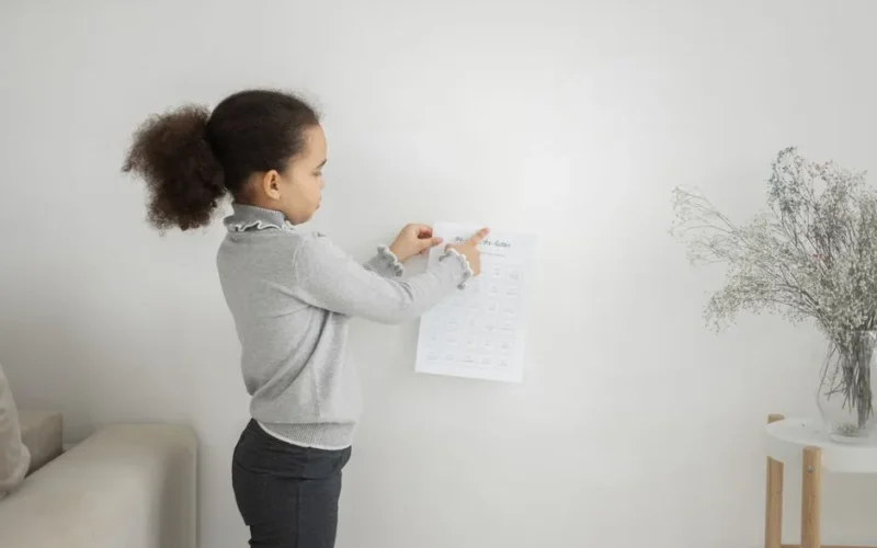 Side view of cute African American girl in casual clothes holding paper while standing near white wall in light apartment