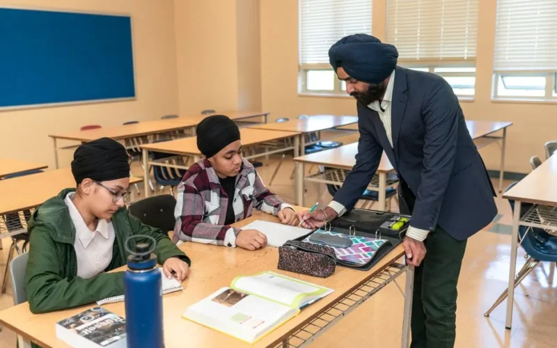 A teacher helps two students with homework in a bright classroom environment.