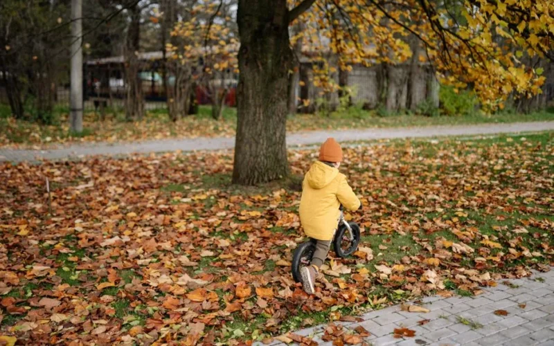A child in a yellow jacket rides a balance bike through autumn leaves in a park.