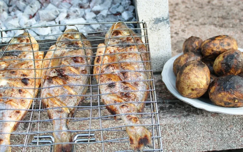 bbq, barbecue, grilled fish, natura, fish, grilled potatoes, see bream, smaczny, pyszny, ryba, odżywianie, jedzenie, grill, ryby, zdrowy