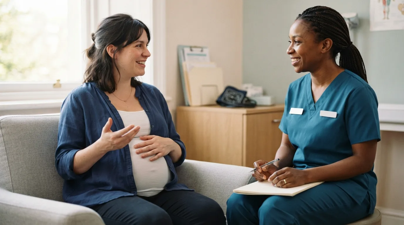 a pregnant woman talking with a midwife
